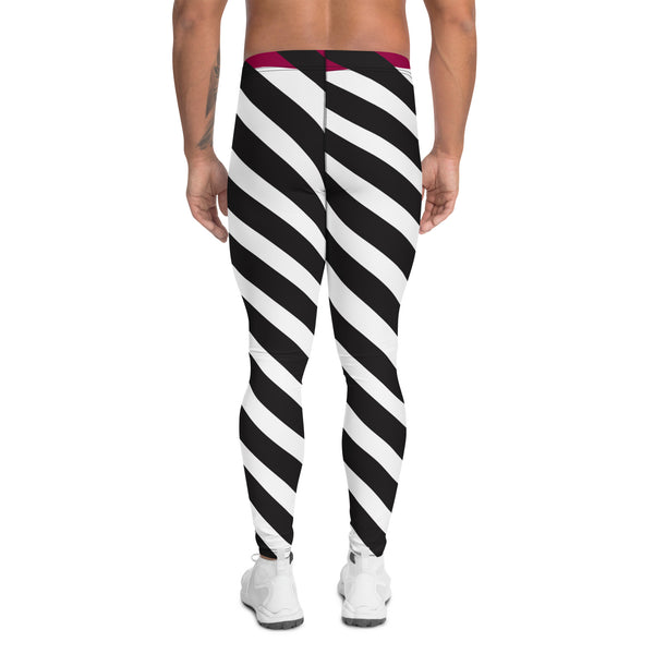 Black Diagonally Striped Meggings, Pink Blue Color Block Men's Leggings