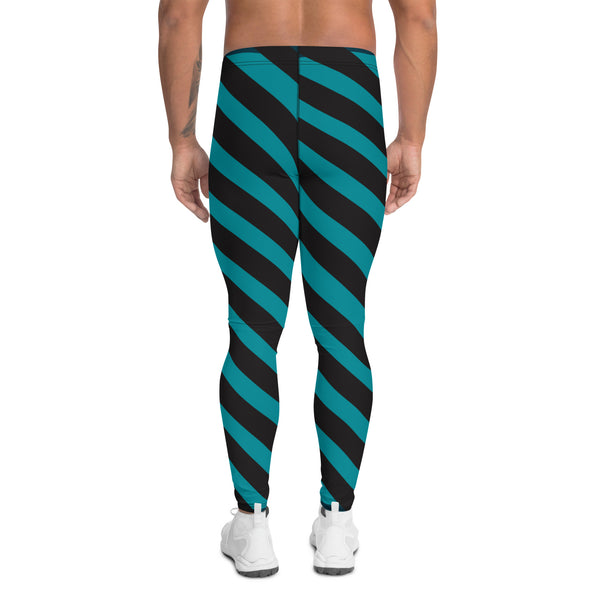 Blue Black Diagonally Striped Meggings, Best Designer Men's Leggings