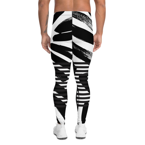 Black Abstract Dotted&nbsp; Men's Leggings, Black Striped White and Black Abstract Designer Print Sexy Meggings Men's Workout Gym Tights Leggings, Men's Compression Tights Pants - Made in USA/ EU/ MX (US Size: XS-3XL)&nbsp;