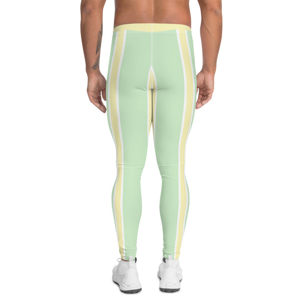Green Yellow Pastel Color Meggings, Vertical Striped Men's Leggings