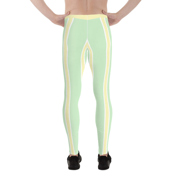Green Yellow Pastel Color Meggings, Vertical Striped Men's Leggings