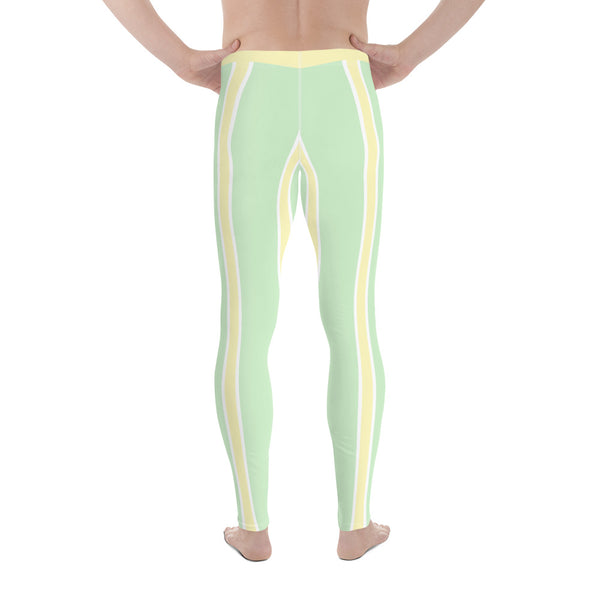 Green Yellow Pastel Color Meggings, Vertical Striped Men's Leggings