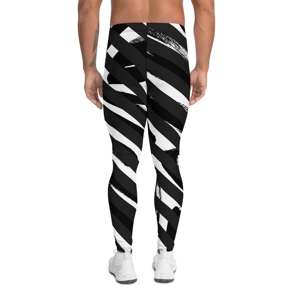 White Abstract Striped Men's Leggings, Black Striped White and Black Abstract Designer Print Sexy Meggings Men's Workout Gym Tights Leggings, Men's Compression Tights Pants - Made in USA/ EU/ MX (US Size: XS-3XL)&nbsp;