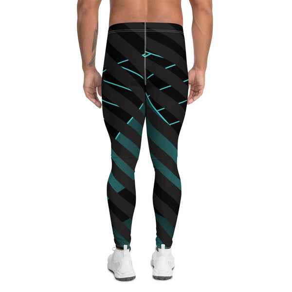 Black Blue Striped Meggings, Futuristic Best Men's Leggings