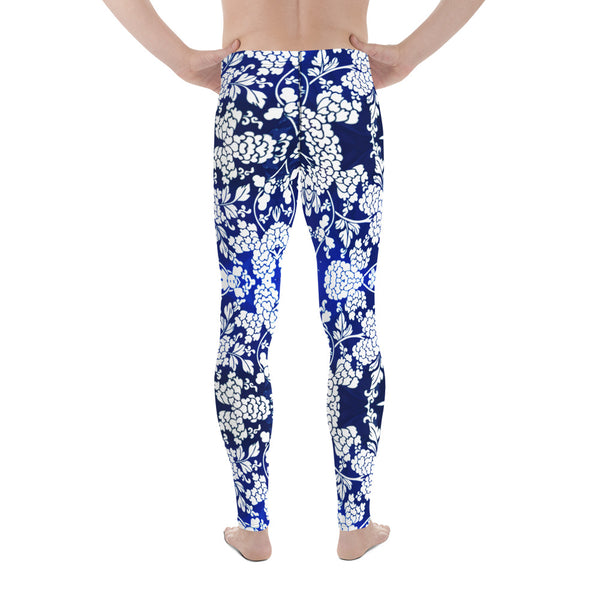 Floral Pattern Best Men's Leggings, Best White and Blue Oriental Style Floral Print Abstract Designer Print Sexy Meggings Men's Workout Gym Tights Leggings, Men's Compression Tights Pants - Made in USA/ EU/ MX (US Size: XS-3XL)&nbsp;