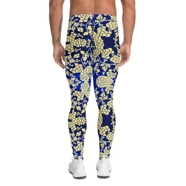 Floral Pattern Best Men's Leggings, Best White and Light Yellow Oriental Style Floral Print Abstract Designer Print Sexy Meggings Men's Workout Gym Tights Leggings, Men's Compression Tights Pants - Made in USA/ EU/ MX (US Size: XS-3XL)&nbsp;