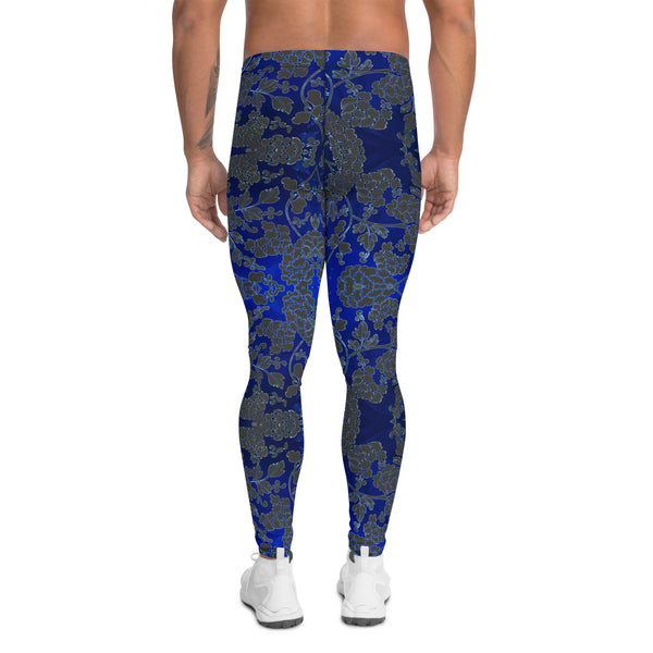 Floral Pattern Best Men's Leggings, Best Grey and Blue Oriental Style Floral Print Abstract Designer Print Sexy Meggings Men's Workout Gym Tights Leggings, Men's Compression Tights Pants - Made in USA/ EU/ MX (US Size: XS-3XL)&nbsp;