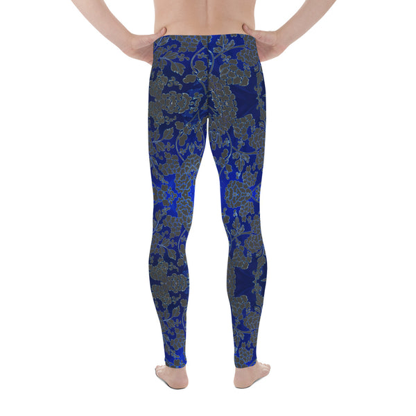 Floral Pattern Best Men's Leggings, Best Grey and Blue Oriental Style Floral Print Abstract Designer Print Sexy Meggings Men's Workout Gym Tights Leggings, Men's Compression Tights Pants - Made in USA/ EU/ MX (US Size: XS-3XL)&nbsp;