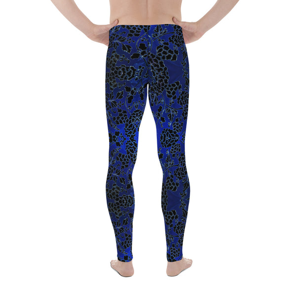 Floral Pattern Best Men's Leggings, Best Black and Blue Oriental Style Floral Print Abstract Designer Print Sexy Meggings Men's Workout Gym Tights Leggings, Men's Compression Tights Pants - Made in USA/ EU/ MX (US Size: XS-3XL)&nbsp;