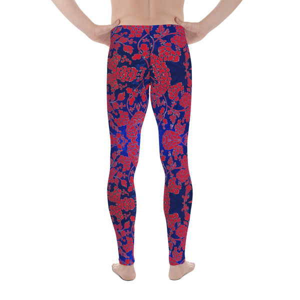 Floral Pattern Best Men's Leggings, Best Red and Blue Oriental Style Floral Print Abstract Designer Print Sexy Meggings Men's Workout Gym Tights Leggings, Men's Compression Tights Pants - Made in USA/ EU/ MX (US Size: XS-3XL)&nbsp;