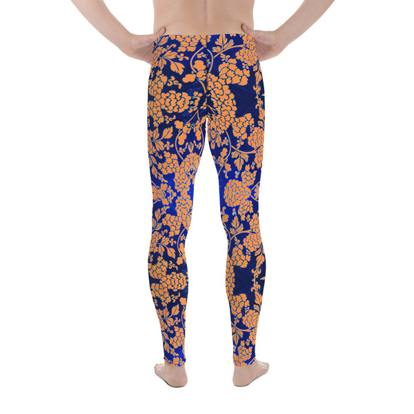 Floral Pattern Best Men's Leggings, Best Orange and Blue Oriental Style Floral Print Abstract Designer Print Sexy Meggings Men's Workout Gym Tights Leggings, Men's Compression Tights Pants - Made in USA/ EU/ MX (US Size: XS-3XL)&nbsp;