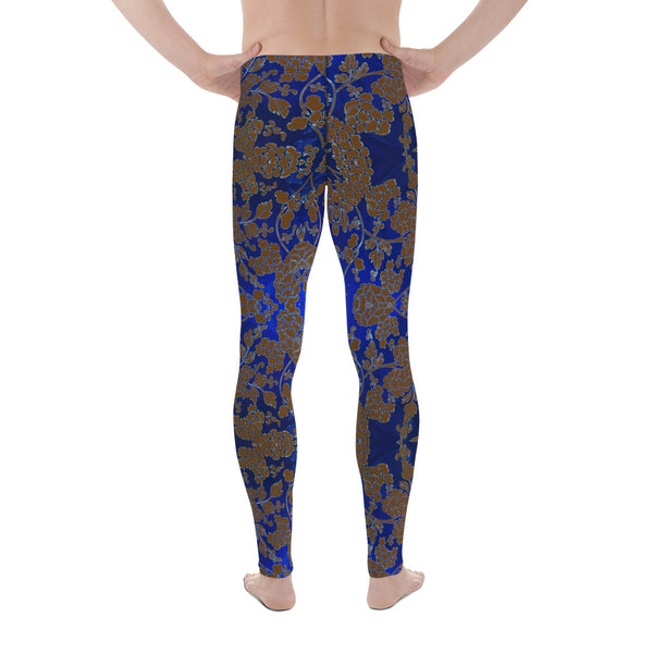 Floral Pattern Best Men's Leggings, Best Brown and Blue Oriental Style Floral Print Abstract Designer Print Sexy Meggings Men's Workout Gym Tights Leggings, Men's Compression Tights Pants - Made in USA/ EU/ MX (US Size: XS-3XL)&nbsp;