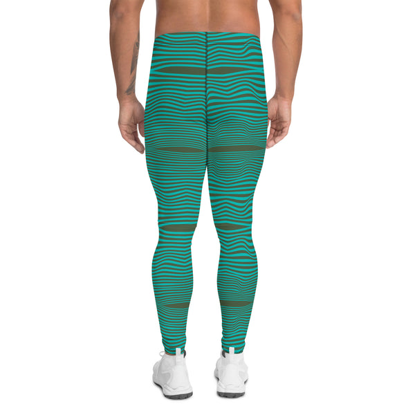 Green Blue Curvy Men's Leggings, Great Wave Wavy Groovy Retro Style Abstract Pattern Designer Print Sexy Meggings Men's Workout Gym Tights Leggings, Men's Compression Tights Pants - Made in USA/ EU/ MX (US Size: XS-3XL) Patterned Leggings For Men, Tights Workout, Men's Compression Pants, Mens Festival Leggings, Mens Leggings Fashion, Mens Tights, Men Wavy Striped Sports Tights, Retro Waves Print Men's Leggings&nbsp;