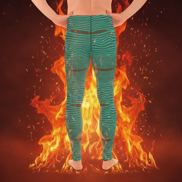 Blue Green Wavy Men's Leggings, Retro Style Wavy Designer Men's Compression Sports Tights - Made in USA/EU/MX