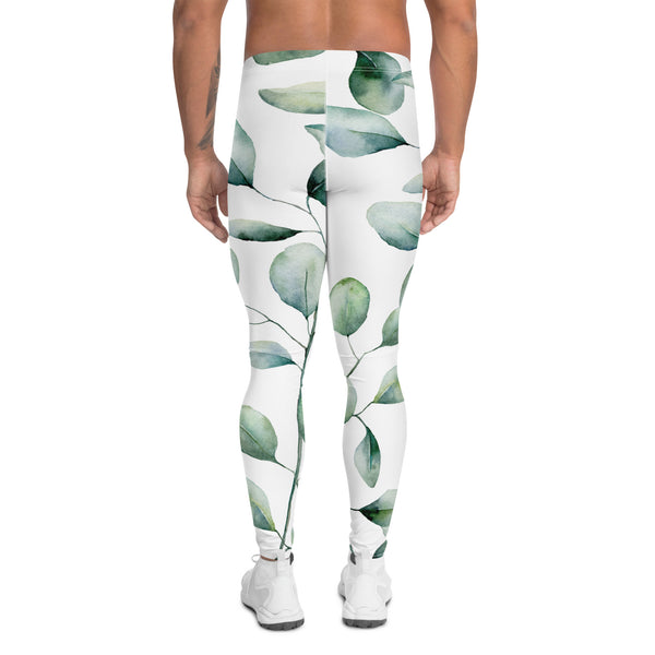 Green Eucalyptus Printed Men's Leggings, Green Eucalyptus Pattern Designer Print Sexy Meggings Men's Workout Gym Tights Leggings, Men's Compression Tights Pants - Made in USA/ EU/ MX (US Size: XS-3XL) Patterned Leggings For Men, Tights Workout, Men's Compression Pants, Mens Festival Leggings, Mens Leggings Fashion, Mens Tights&nbsp;
