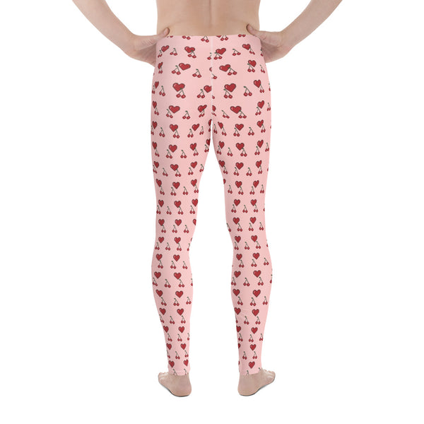 Pink Hearts Men's Leggings, Red Cherries Printed Best Gay Friendly Hearts Print Valentine's Day Pattern Designer Print&nbsp; Meggings Men's Workout Gym Tights Leggings, Men's Compression Tights Pants - Made in USA/ EU/ MX (US Size: XS-3XL) Patterned Leggings For Men, Tights Workout, Men's Compression Pants, Mens Festival Leggings, Mens Leggings Fashion, Mens Tights&nbsp;