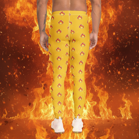 Hot Yellow Flames Meggings, Best Gay Friendly Red Hot Flames Print Designer Men's Compression Sports Tights - Made in USA/EU/MX