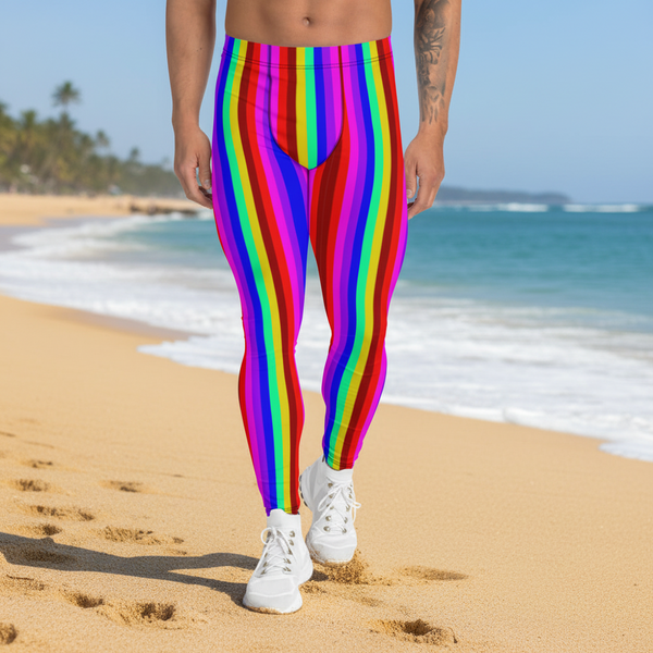 Bright Rainbow Men's Leggings, Colorful Gay Pride Festival Parade Tights-Made in USA/EU/MX