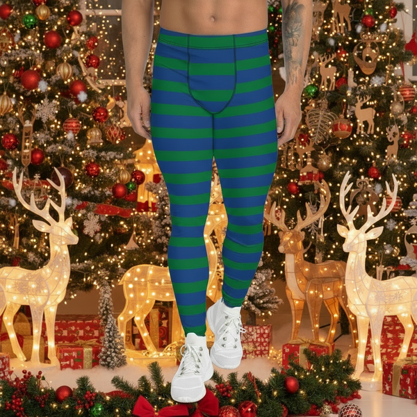 Green Blue Striped Men's Leggings, Horizontally Striped Christmas Style Meggings - Made in USA/EU/MX