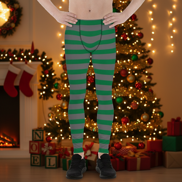 Grey Green Striped Men's Leggings, Horizontally Striped Christmas Style Meggings - Made in USA/EU/MX