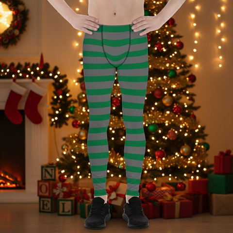Grey Green Striped Men's Leggings, Horizontally Striped Christmas Style Meggings - Made in USA/EU/MX