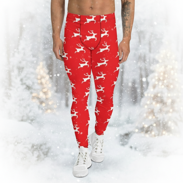 Red Reindeer Christmas Men's Leggings, Red & White Xmas Designer Men's Leggings-Made in USA/MX/EU