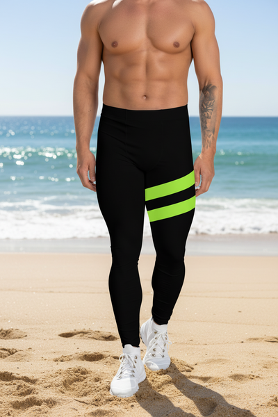 Neon Green Best Men's Leggings, Neon Green and Black Striped Designer Running Compression Tights For Men - Made in USA/EU/MX