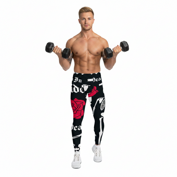 Black Skulls Romantic Men's Leggings, Rose Skull Leggings, Skull Leggings Men - Made in USA/EU/MX