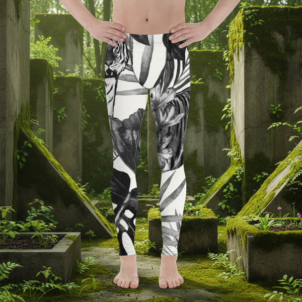 Black Tiger Pattern Men's Leggings, Animal Print Designer Colorful Meggings - Made in USA/EU/MX