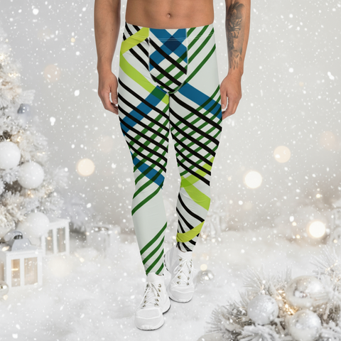 Green Blue Plaid Print Meggings, Plaid Print Men's Leggings, Classic Tartan Plaid Print Meggings Compression Christmas Tights-Made in USA/EU/MX