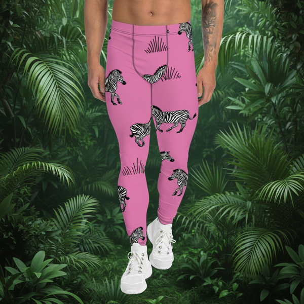 Pink Zebra Print Men's Leggings, Zebra Striped Print Designer Running Compression Tights For Men - Made in USA/EU/MX