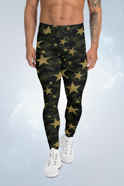 Black Starry Print Men's Leggings, Stars Pattern Meggings Compression Tights-Made in USA/EU/MX
