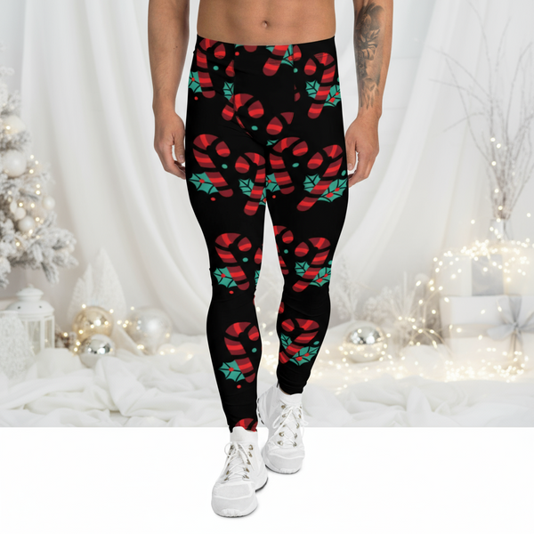 Black Candy Cane Men's Leggings, Black and Red Colorful Christmas Candy Cane Style Gym Tights For Men - Made in USA/EU/MX