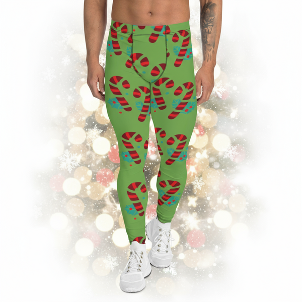 Green Candy Cane Men's Leggings, Black and Red Colorful Christmas Candy Cane Style Gym Tights For Men - Made in USA/EU/MX