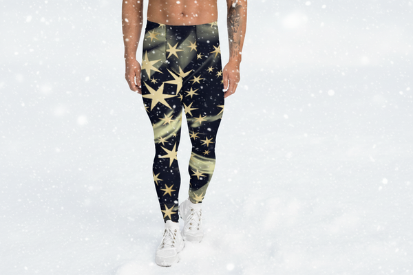 Black Starry Print Men's Leggings, Star Print Designer Meggings Compression Tights-Made in USA/EU/MX