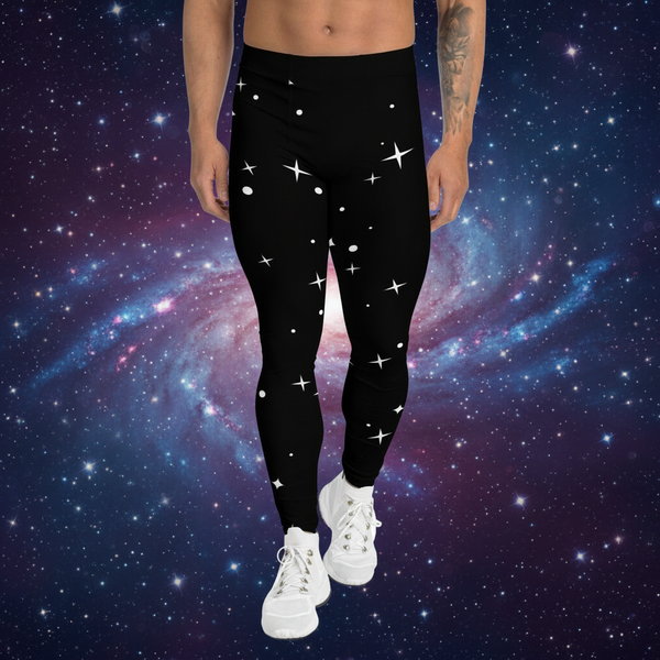 Black Starry Nights Men's Leggings, Stars Pattern Meggings Compression Tights-Made in USA/EU/MX