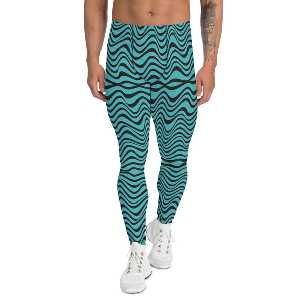 Black Blue Curvy Men's Leggings, Great Wave Abstract Pattern Designer Print Sexy Meggings Men's Workout Gym Tights Leggings, Men's Compression Tights Pants - Made in USA/ EU/ MX (US Size: XS-3XL)&nbsp;Patterned&nbsp;Leggings For Men, Tights Workout, Men's Compression Pants, Mens Festival Leggings, Mens Leggings Fashion, Mens Tights