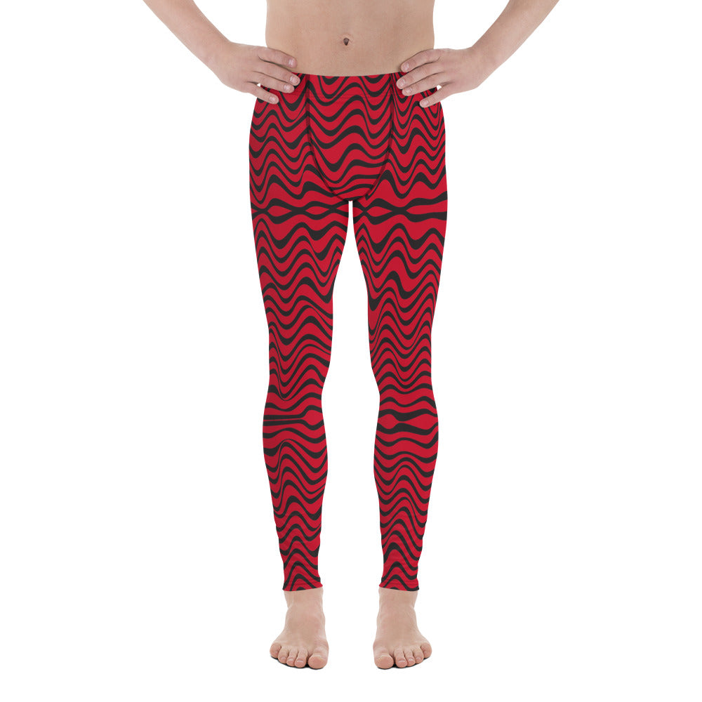 Red Black Curvy Men's Leggings, Great Wave Abstract Pattern Designer Print Sexy Meggings Men's Workout Gym Tights Leggings, Men's Compression Tights Pants - Made in USA/ EU/ MX (US Size: XS-3XL)&nbsp;Patterned&nbsp;Leggings For Men, Tights Workout, Men's Compression Pants, Mens Festival Leggings, Mens Leggings Fashion, Mens Tights