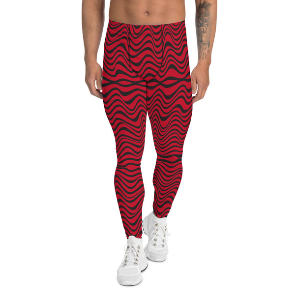 Red Black Curvy Men's Leggings, Great Wave Abstract Pattern Designer Print Sexy Meggings Men's Workout Gym Tights Leggings, Men's Compression Tights Pants - Made in USA/ EU/ MX (US Size: XS-3XL)&nbsp;Patterned&nbsp;Leggings For Men, Tights Workout, Men's Compression Pants, Mens Festival Leggings, Mens Leggings Fashion, Mens Tights