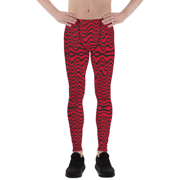 Red Black Curvy Men's Leggings, Great Wave Abstract Pattern Designer Print Sexy Meggings Men's Workout Gym Tights Leggings, Men's Compression Tights Pants - Made in USA/ EU/ MX (US Size: XS-3XL)&nbsp;Patterned&nbsp;Leggings For Men, Tights Workout, Men's Compression Pants, Mens Festival Leggings, Mens Leggings Fashion, Mens Tights