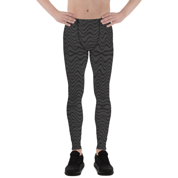 Black Grey Curvy Men's Leggings, Great Wave Abstract Pattern Designer Print Sexy Meggings Men's Workout Gym Tights Leggings, Men's Compression Tights Pants - Made in USA/ EU/ MX (US Size: XS-3XL) Patterned&nbsp;Leggings For Men, Tights Workout, Men's Compression Pants, Mens Festival Leggings, Mens Leggings Fashion, Mens Tights