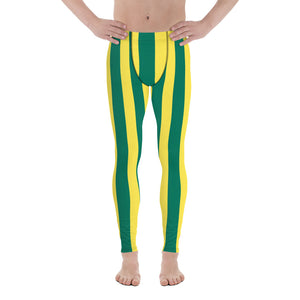 Green Yellow Striped Men's Leggings, Vertical Striped Designer Print Sexy Meggings Men's Workout Gym Tights Leggings, Men's Compression Tights Pants - Made in USA/ EU/ MX (US Size: XS-3XL)&nbsp;