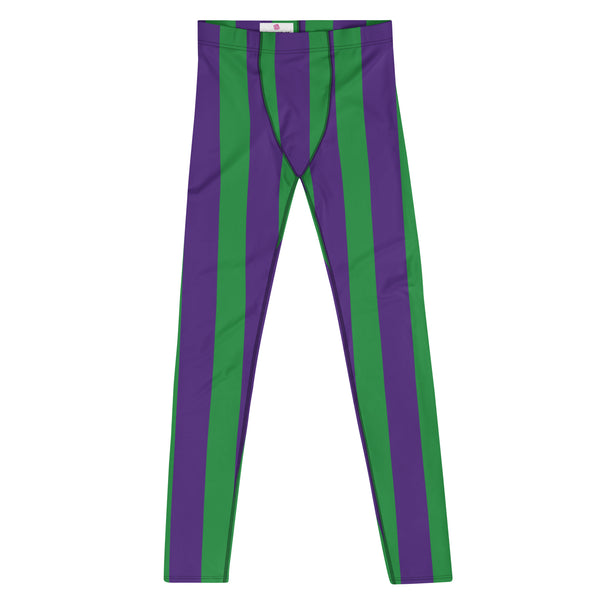 Purple Green Stripes Men's Leggings, Vertically Striped Designer Print Sexy Meggings Men's Workout Gym Tights Leggings, Men's Compression Tights Pants - Made in USA/ EU/ MX (US Size: XS-3XL) 