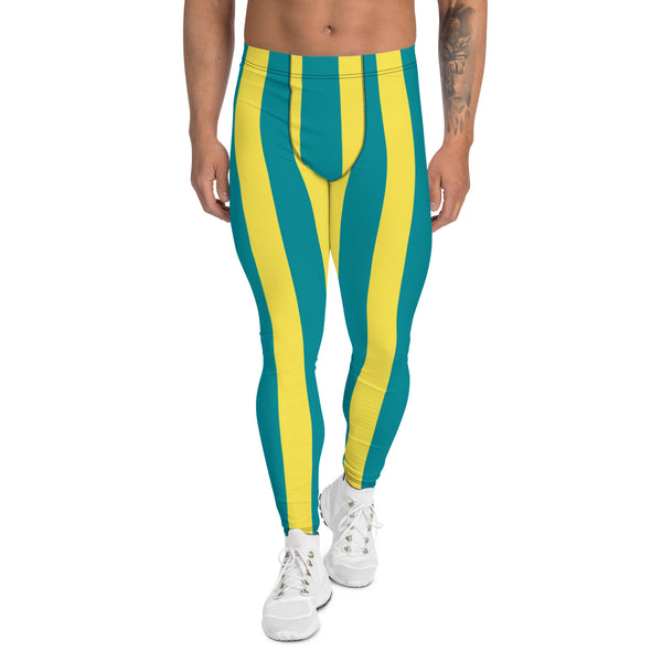 Blue Yellow Stripes Meggings, Blue Vertically Striped Men's Tights, Best Colorful Patterned Designer Best Men's Leggings, Designer Print Sexy Meggings Men's Workout Gym Tights Leggings, Men's Compression Tights Pants - Made in USA/ EU/ MX (US Size: XS-3XL) 