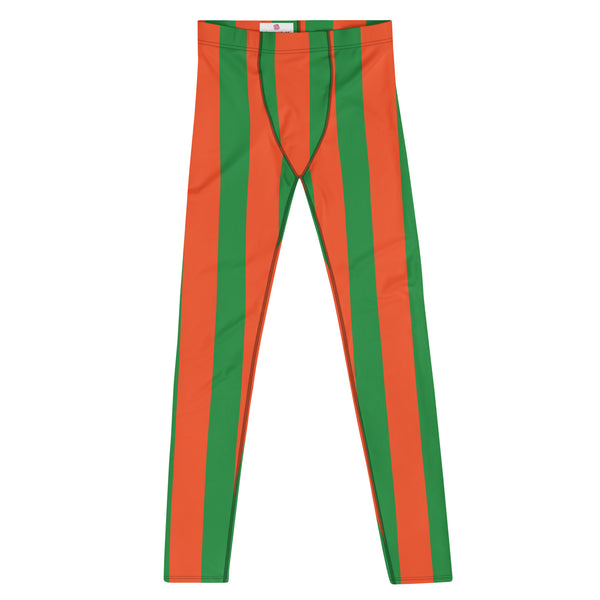 Orange Green Stripes Men's Leggings, Vertically Striped Designer Print Sexy Meggings Men's Workout Gym Tights Leggings, Men's Compression Tights Pants - Made in USA/ EU/ MX (US Size: XS-3XL) 