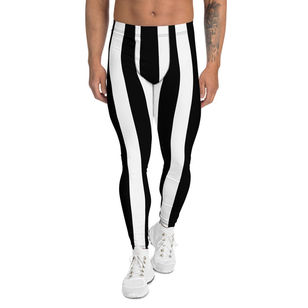 White Black Stripes Men's Leggings, Best Vertically Striped Print Designer Print Sexy Meggings Men's Workout Gym Tights Leggings, Men's Compression Tights Pants - Made in USA/ EU/ MX (US Size: XS-3XL) 
