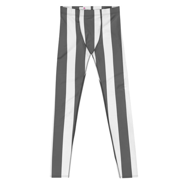 Grey White Stripes Men's Leggings, Vertically Striped Designer Print Sexy Meggings Men's Workout Gym Tights Leggings, Men's Compression Tights Pants - Made in USA/ EU/ MX (US Size: XS-3XL) 