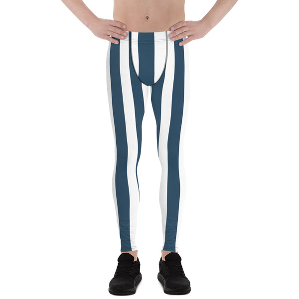 Blue and White Striped Meggings, Vertically Stripes Meggings, Colorful Patterned Designer Best Men's Leggings, Designer Print Sexy Meggings Men's Workout Gym Tights Leggings, Men's Compression Tights Pants - Made in USA/ EU/ MX (US Size: XS-3XL) 