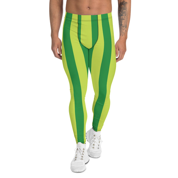 Yellow Green Stripes Men's Leggings, Vertically Striped Print Designer Print Sexy Meggings Men's Workout Gym Tights Leggings, Men's Compression Tights Pants - Made in USA/ EU/ MX (US Size: XS-3XL) 