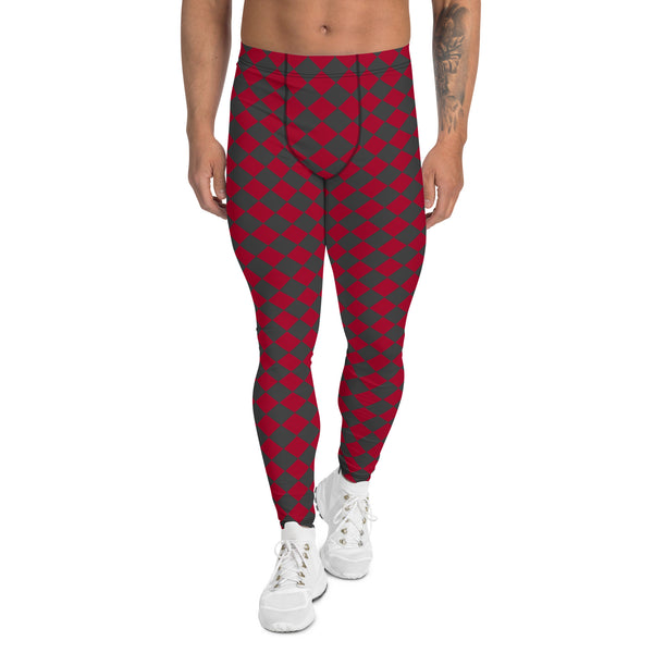Grey Red Checkered Men's Leggings, Check Pants Men, Men's Plaid Pants, Checkered Pants, Designer Print Sexy Meggings Men's Workout Gym Tights Leggings, Men's Compression Tights Pants - Made in USA/ EU/ MX (US Size: XS-3XL) Checkered Leggings, Mens Plaid Pants, Fashion Men's Leggings